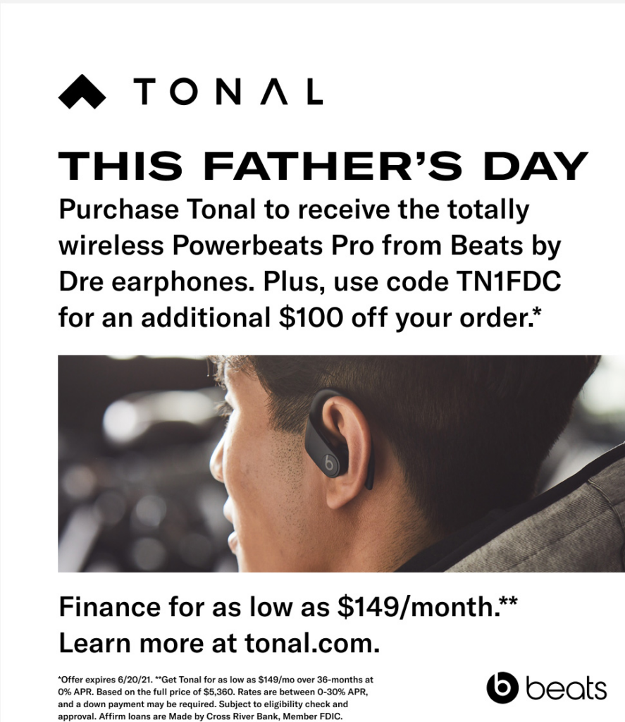image of male wearing earbuds and fathers day offer on  postcard advertising