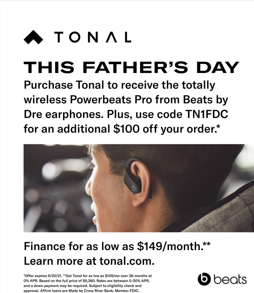 image of male wearing earbuds and fathers day offer on postcard advertising
