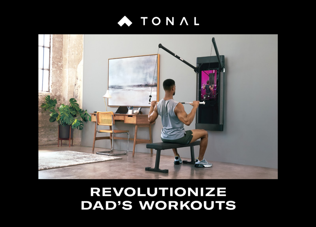 Male figure working out on bench in front of tonal system with fathers day promotion on postcard advertising
